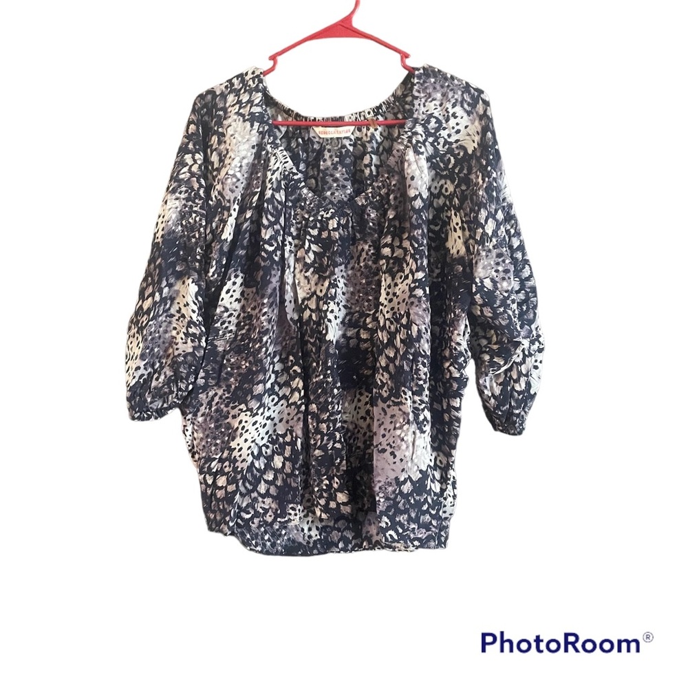 Rebecca Taylor Leopard Print Silk Blouse Animal Print Black Half Sleeve 8